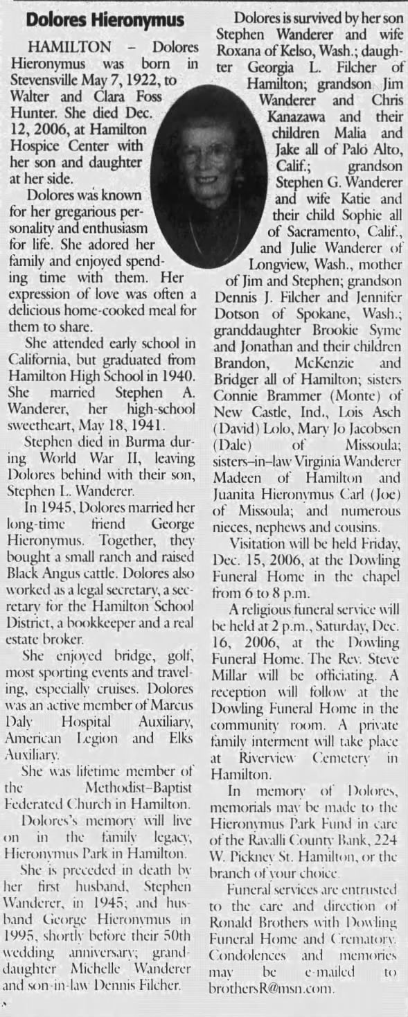 Obituary for Dolores Hieronymus, 1922-2006